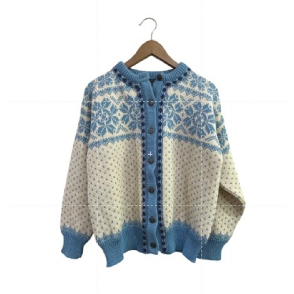 Dale of Norway Wool Cardigan Sweater Blue Cream Nordic Fair Isle Pewter Button M